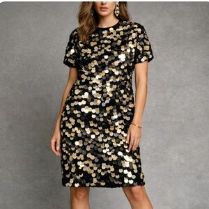 Rachel Zoe Black and Gold Sequin Midi Dress